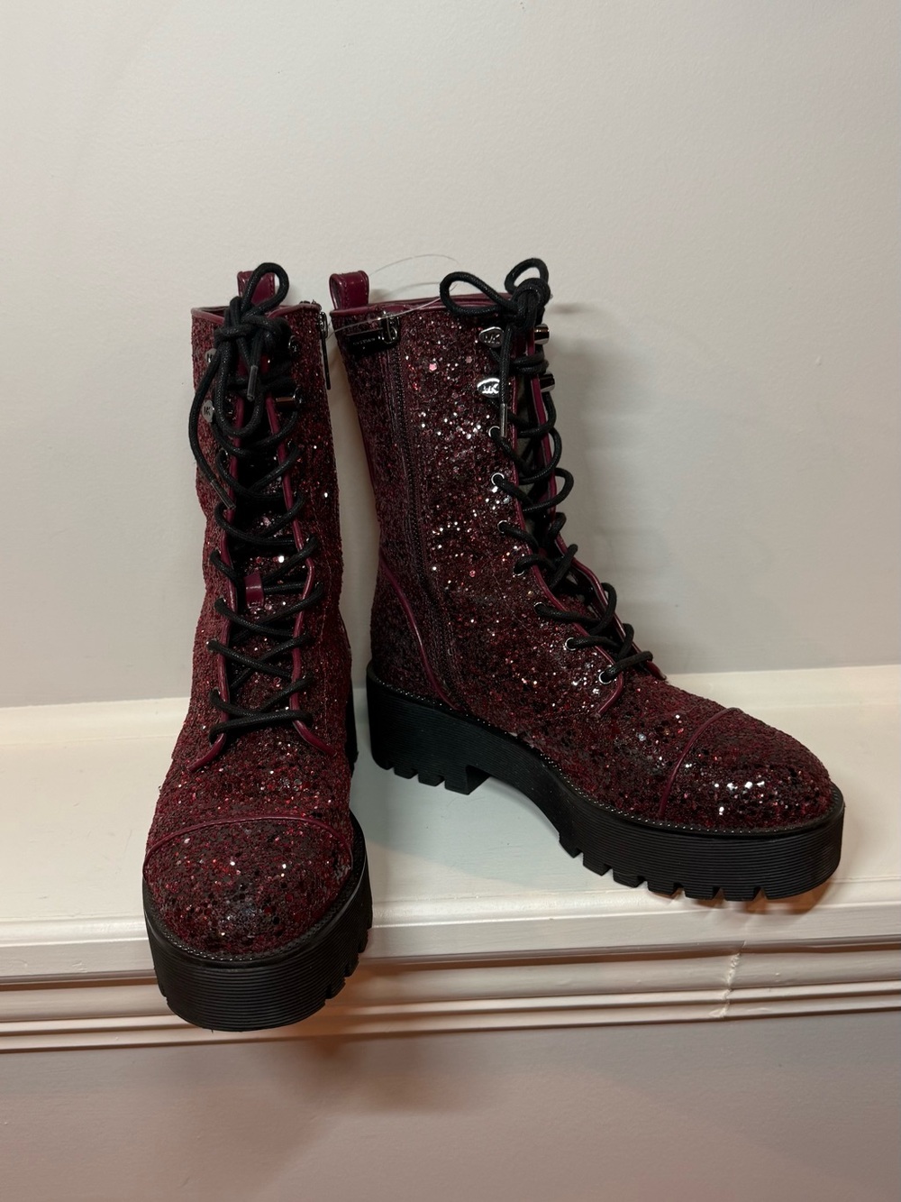 Michael Kors Glitter Lace-Up Combat Boots in Burgundy 8
